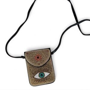 Beaded Crossbody Bag with Eye Motif in Gold and Turquoise